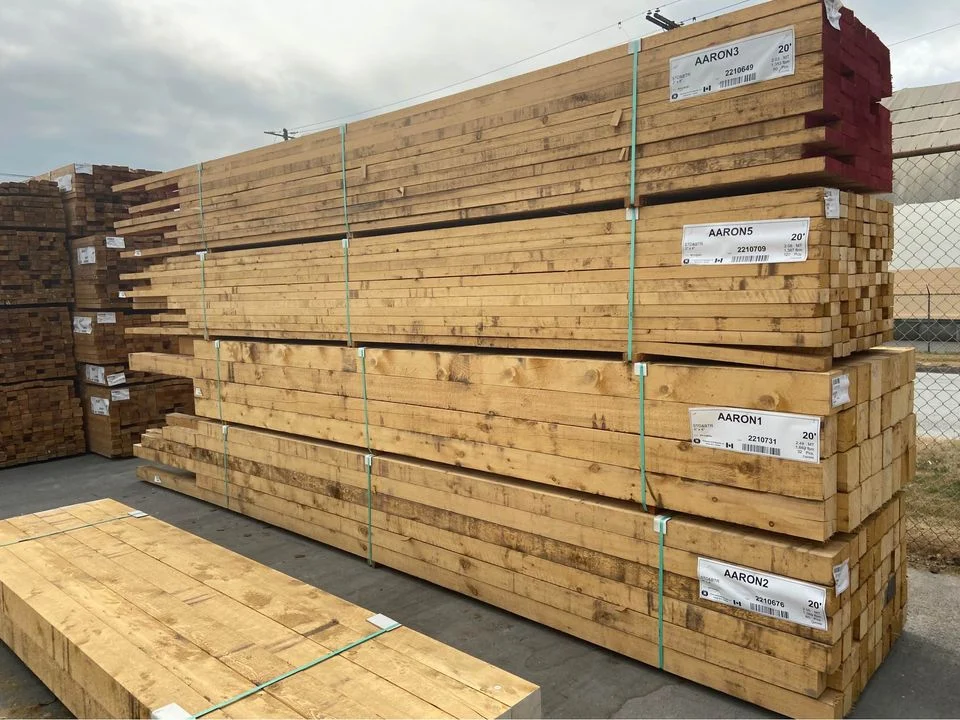 Yellow cedar lumber packages photographed in the yard